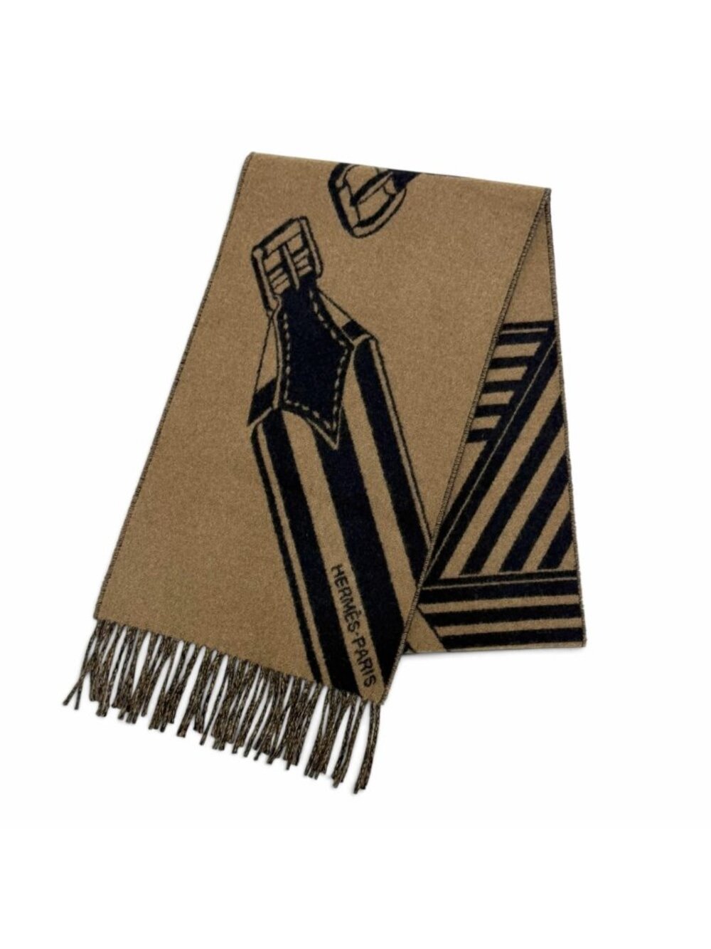 Hermes Sangles en Zigzag Cashmere 100% Etoupe Marine Fringe Scarf Brown Navy